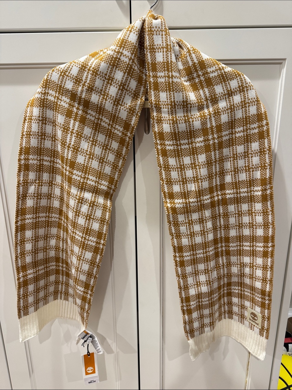 Timberland White and Mustard Plaid Knit Scarf